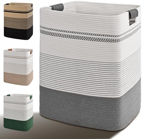 Laundry Hamper, 105L Tall Laundry Basket with Leather Handles, Rectangle Large Clothes Hamper for Organizing, Cotton Woven Laundry Baskets Storage Hampers for Bedroom, Nursery, Living Room by Degeyoyo