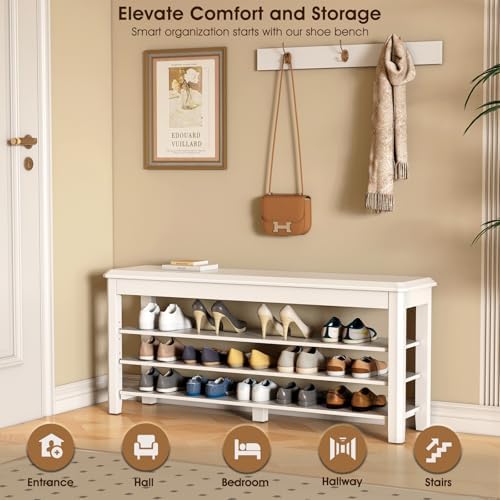IUNVR Shoe Rack Bench Seat Rubberwood 3-Tier Wooden Storage Bench 550lbs Compact Mid-Century Modern Design for Entryway, Hallway, Closet, Front Door Entrance, Foyer - Image 3