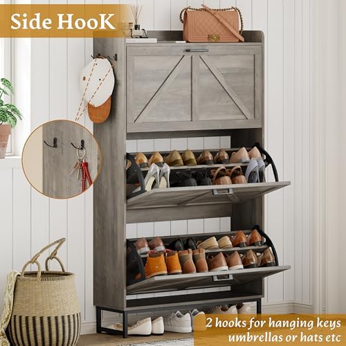 Wodeer Shoe Cabinet Storage for Entryway, Shoe Storage Cabinet with 4 Flip Drawers, Freestanding Narrow Shoe Rack Organizer with Metal Legs, Adjustable Shelves & Open Storage for Foyer, Hallway, White - Image 6
