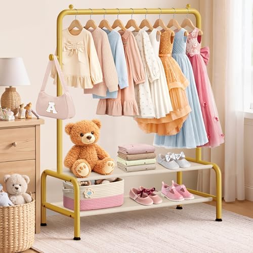 Kids Gold Clothing Rack - Dress Up Clothes Rack - Baby Toddler Closet - Freestanding Coat Racks with 2 Fabric Shelves - Small Kids Costume Wardrobe - Garment Rack for Hanging Clothes Organizer - Image 5