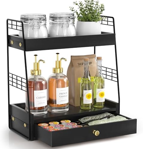 Coffee Bar Station Organizer with Drawer, 2-Tier Countertop Shelf (Black) by JNFUZ