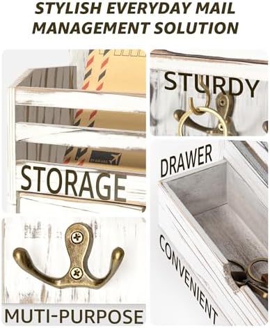 Rebee Vision Mail Organizer Wall Mount with Drawer for Entryway, Whitewash - Image 2