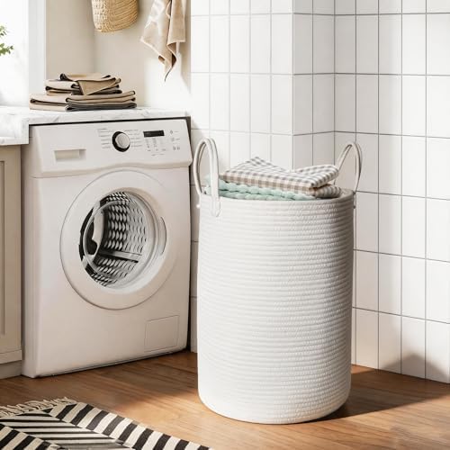 MEGASKET Large White Laundry Basket, 80L Tall Blanket Basket Living Room, Cotton Rope Toy Bin for Organizing, XL Woven Baby Nursery Laundry Hamper with Handle, White Room Decor, Bedroom Aesthetic - Image 3