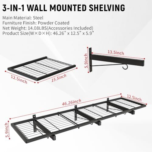 2 Pack Garage Wall Shelves, 46"X 12.5" Garage Shelving Wall Mounted, Heavy Duty Shelf Organizer with 8 Hooks, Black Floating Storage Metal Rack 320 LBS Capacity for Laundry Room, Office, Basement - Image 2