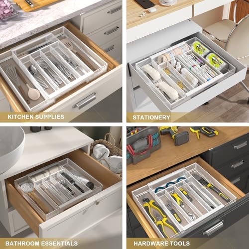 Sedegn Expandable Kitchen Utensil Organizer - 9.6" to 16.1" Adjustable Cutlery Tray with 5-7 Compartments - Fits Various Drawer Sizes & Holds Large Ladles Spatulas Forks Spoons & Knives White - Image 6