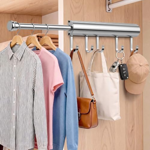 Valet Rod for Closet Pull Out 12 Inch with 5 Hooks - Chrome 1 Pack by Pisman