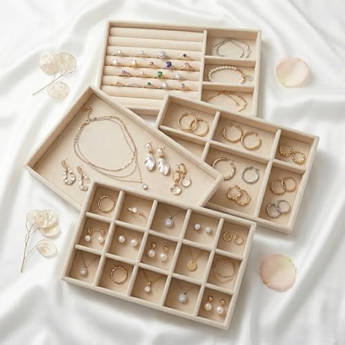 16 Pack Velvet Jewelry Trays for Drawers, Stackable Jewelry Organizer Trays with Dividers, 8.3 x 5 in Drawer Inserts for Rings Necklaces Earrings Bracelets, Beige - Image 5