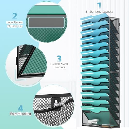 Gawerk 15-Tier Wall File Organizer Hanging Wall File Holder Wall Mount Paper Folder Organize, Mesh Magazine Document Mail Organizer Wall Organizer for Office School Home, Black - Image 3