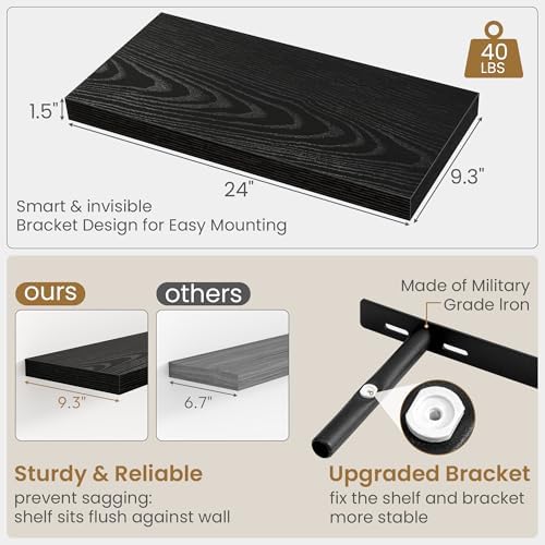 Fun Memories Black Floating Shelves 24 Inch Long, 9.3 Inch Deep Floating Shelf for Lving Room, Bedoom, Kitchen, Deep Wall Shelves for Bathroom, 2 Pack Storage Display Shelf for Books, Decors - Image 3