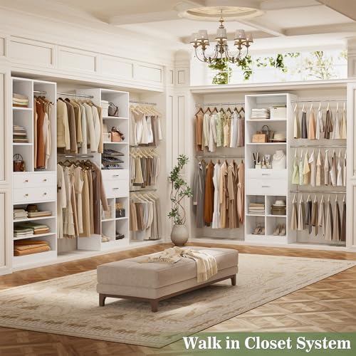 Besiost Closet System, Up to 128.6"/10.7 FT Closet Organizer with 4 Wooden Drawers and Shelves, Walk-in Closet System with 6 Hanging Rods, Built-in Closet Can Fit 96"/8FT, 120"/10FT, White Set 2 - Image 7