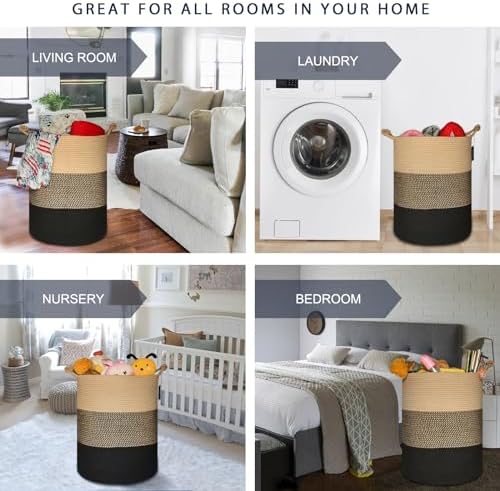 COMSE Tall Woven Blanket & Laundry Basket, 72L, Brown & Black - Image 2