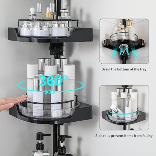 YCIA&DONE 360° Rotating Corner Shower Caddy Tension Pole, 4 Tiers Shower Organizer for Bathroom Shelf Bathtub, Adjustable Standing Shower Rack, Easily Assemble, 34-124 Inch Height, Black - Image 3