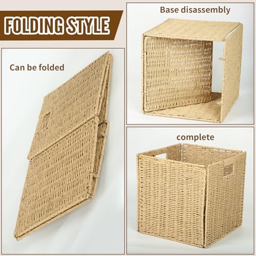 4Pcs Cube Storage Bin,Collapsible Storage Basket, Shelf Organizer with Insert Handle, 12 * 12 * 12 Inch Hand Woven Seagrass Basket, Suitable for Bedroom Storage and Other Scenarios - Image 4