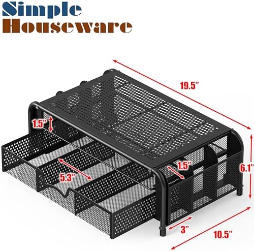 Simple Houseware Monitor Riser Stand w/Pull-Out Drawer & Pen Holder, Black - Image 3