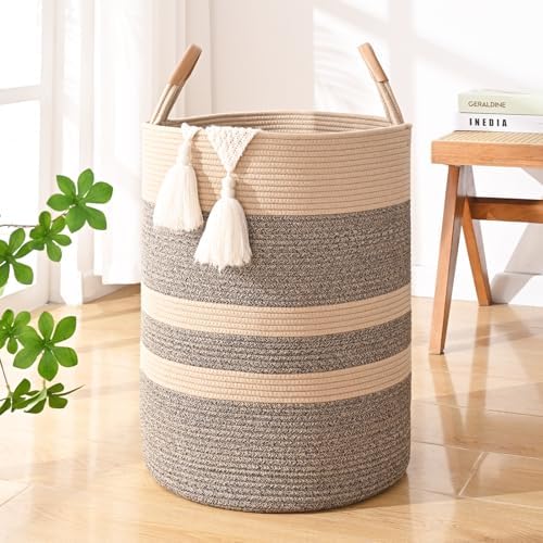 Large Laundry Basket, Laundry Hamper with Leather Handles, 75L Woven Dirty Clothes Hamper, Rope Hampers for Bedroom, Barthroom, Dark Brown by Degeyoyo