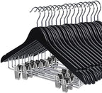 HOUÍSM Wooden Hangers with Clips, Heavy Duty Pants & Skirt Hangers, Solid Wood Clip Hangers for Trousers, Jeans, Clothes – Black, 16 Pack by HOU%C3%8DSMHOME