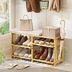 Amazer Bamboo Shoe Rack Bench, 3-Tier Shoe Bench Height Adjustable, Entry Bench with Side Storage Strap, Shoes Organizer Storage Bench, Shoe Shelf with Seat Cushion for Entryway, Living Room, Hallway by Amazer