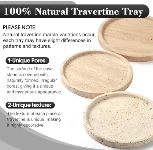 Natural Round Marble Tray - 7.8" Travertine Marble Vanity Tray for Dresser, Bathroom, Decorative Jewelry Dish for Perfumes Rings Earrings Necklaces, Stone Tray for Home Décor, Beige - Image 2
