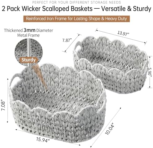Set of 2 Scalloped Baskets, Small Wicker Baskets for Gifts, Grey - Image 3