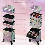 Yueieoun 5 in 1 Rolling Makeup Case, Cosmetology Case on Wheels Travel Make up Train Case Nail Cart Makeup Organizer Cosmetic Storage Box Cases Extra Large Trolley Truck with 360° Swivel Wheels, Pink - Image 2