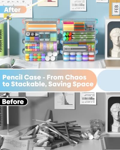 BiuLeon 8 Pack Large Pencil Box Set, Plastic Clear Pencil Case Marker Organizer, Crayon Box Craft Organizers, Stackable Storage Containers with Lid for Pen, Art and Craft Supplies(Color) - Image 4