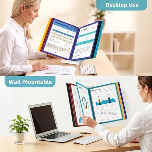 10-Pocket Desk Reference Organizer with Sturdy Metal Base, Flip Desktop Display System for Desk or Wall Mount, 10 Double-Sided Panels Holds 20 Sheets Letter Size Documents for Business Office - Image 4