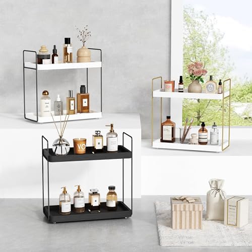 Forbena Black Bathroom Counter Organizer, Tiered Bathroom Organizer Countertop Tray, Corner Makeup Vanity Shelf Organizers and Storage for Men Perfume Skin Care Kitchen Sink Coffee Bar Station - Image 7