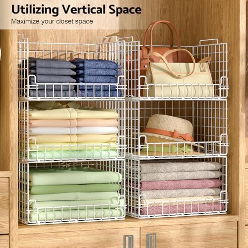 4-Tier Stackable Closet Organizers and Storage Basket - Foldable Closet Shelf Organizer System, Sturdy Metal Space-Saving Clothes Storage Bins for Wardrobe, White - Image 2