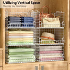 6-Tier Stackable Closet Organizers and Storage Basket - Foldable Closet Shelf Organizer System, Sturdy Metal Space-Saving Clothes Storage Bins for Wardrobe, White - Image 2