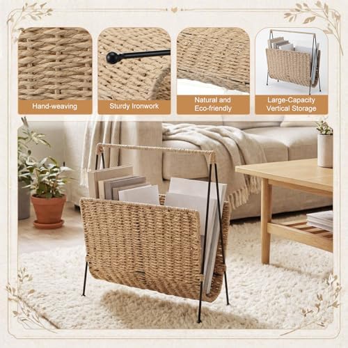 Novabright Hand Woven Magazine Holder with Metal Stand, Large Wicker Book Storage Basket, Decorative Newspaper Mail Storage Rack for Living Room, Bedroom, Bathroom, Home, Office, 13.78 x 14.17 x 3.94 - Image 3