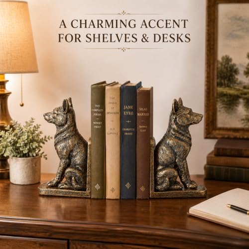 German Dog Bookends Set of 2,Decorative Book Ends for Shelves,Antique Gold Resin Shepherd Dog Statues,Aesthetic Bookshelf Decor,Book Holders for Home Office Desk Library,Vintage Shelf Styling Gift - Image 4