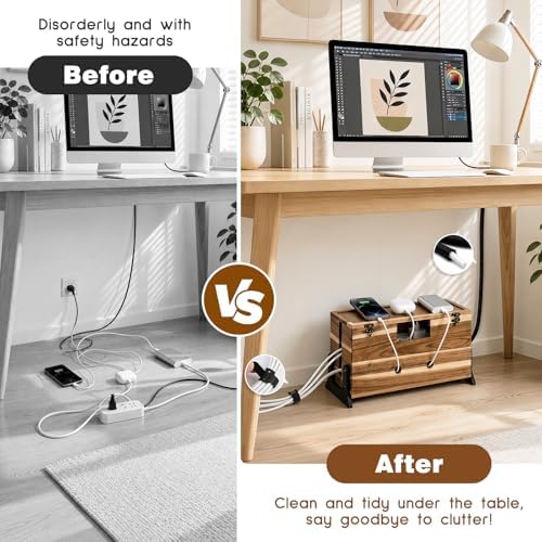 Extra Large Cable Management Box, 14.2-Inch Acacia Wood Cord Hider Box with Dual Locks and Magnetic Lid, Power Strip Cover and Cable Organizer for Desk, Floor, TV Wires and Home Office - Image 4