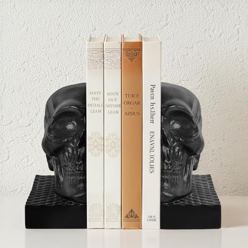 Skull Book Ends, Decorative Bookends for Shelves, Antique Gothic Style Skull Bookend Design Resin Skeleton Human Head Statue Halloween Décor (Black) by MXARLTR