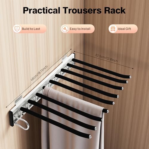 9 Arms Steel Slide Out Pants Rack Closet Pants Hanger Bar Pull Out Trousers Rack Tie Belts Scarf Racks, Wardrobe Clothes Organizers Rail Pull Out Closet Storage Rod-(Left Side Mounts) - Image 5