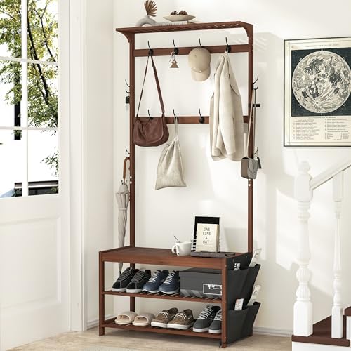 AMBIRD Hall Tree with bench and shoe storage, Entryway Bench with shoe storage, 6-in-1 Coat Rack with Cloth Bag and 12 Coat Hooks, Sturdy Bamboo Frame, Brown 31 * 15 * 70 Inches by AMBIRD