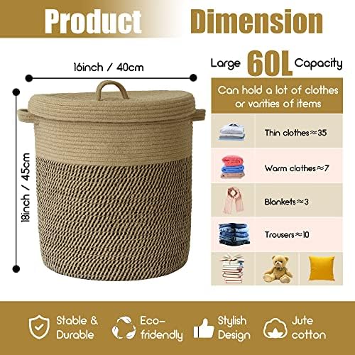 Extra Large Storage Basket with Lid 60L, 16"Wx18"H Woven Laundry Hamper Basket with Handle, Jute Rope Wicker Basket Blankets Pillows Storage in Living Room Baby Nursery, Jute/Black Mix includes Lid - Image 3