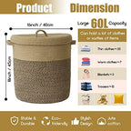 Extra Large Storage Basket with Lid 60L, 16"Wx18"H Woven Laundry Hamper Basket with Handle, Jute Rope Wicker Basket Blankets Pillows Storage in Living Room Baby Nursery, Jute/Black Mix includes Lid - Image 3