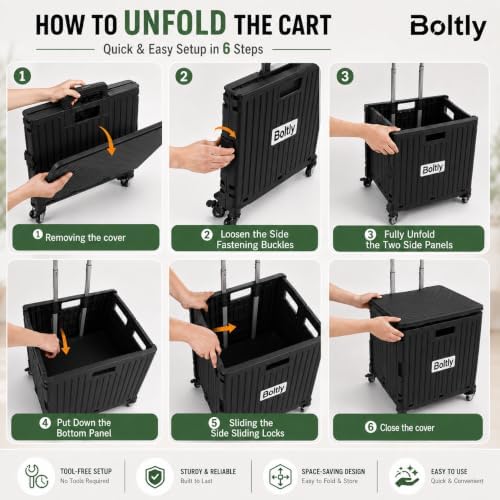 Folding Utility Cart Portable Rolling Crate Handcart Shopping Trolley Collapsible Tool Box, with Lid, Basket on 4 Rotating Wheels, for Grocery, Garden, Office, Storage, Teacher, Tool (Black) - Image 7