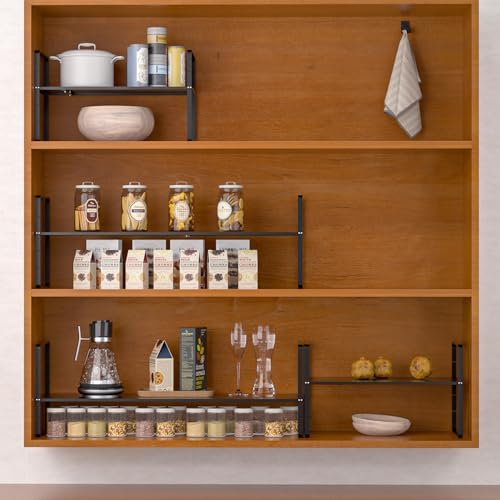 iPEGTOP Expandable Cabinet Storage Shelf Organizer, Heavy Duty Steel Metal Spice Rack Adjustable Height Home Office Garage Pantry Shelf Space Riser for Counter Kitchen Organization, Black, 1 Pack - Image 4