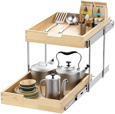 Sikarou Wood Pull Out Cabinet Organizer 2 Tie 14" W x 21" D, Heavy-Duty Sliding Drawers for Inside Cabinets Storage and Organization for Kitchen, Pantry, Bathroom by SikarouStorageSpecialist