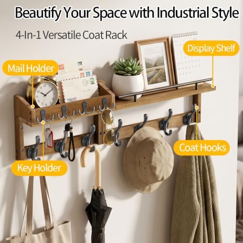 29” Coat Rack Wall Mount with Shelf, Coat and Key Hanger with Metal Hooks - Image 4