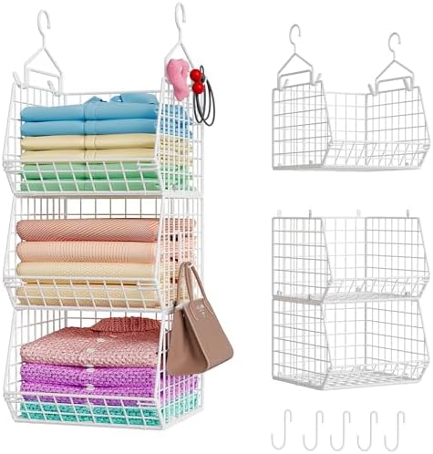 X-cosrack 3 Tier Foldable Closet Organizer, Clothes Shelves with 5 S Hooks, Wall Mount&Cabinet Wire Storage Basket Bins, for Clothing Sweaters Shoes Handbags Clutches Accessories-White Patent Design by X-cosrack