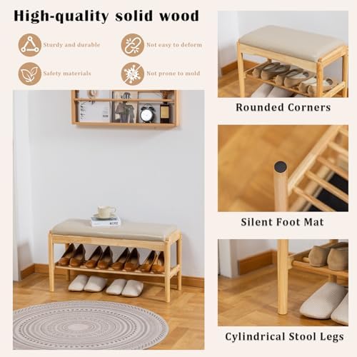 SOBIBO 2-Tier Entryway Shoe Rack Bench, Rubber Wood, Beige & Natural, 31.5" - Image 4