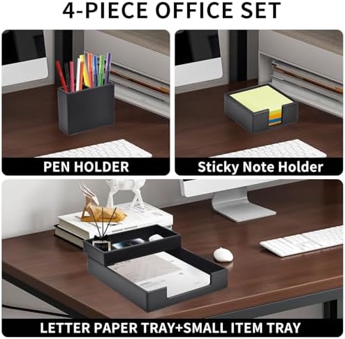 4 Pack Leather Office Supplies/Desk Organizer for Letter Paper Tray,Sticky Note Holder,Pen Cup,Stackable Small Letter Mail Sorter Tray,Workspace Decor for Women Men (Black, 4-piece set) - Image 2