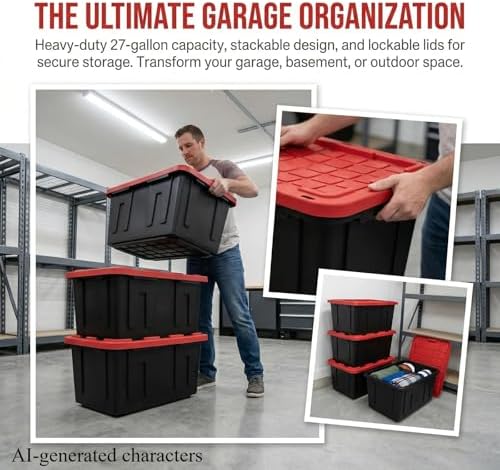 CLMSTE6 Pack Large Storage Bins with Snap Lids, 27 Gallon Black and Red Totes for Garage & Basement, Stackable Heavy Duty Plastic Containers for Home Organization - Image 5