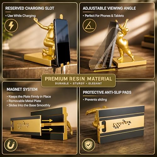 Sculptural Bookends Set of 2, Decorative Modern Bookends with Adjustable Phone & Tablet Holder, Artistic Resin Book Ends for Shelves, Durable Home & Office Decor – Metallic Gold - Image 4