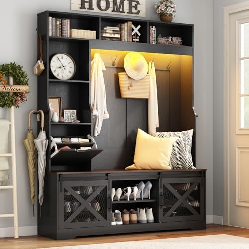 75''H 59''W Large LED Farmhouse Hall Tree with Bench and Shoe Storage,Entryway Bench with Coat Rack,16 Shoe Cubbies & Umbrella Holder and Sock Storage Drawer,Mudroom/Hallway Storages Cabinet(black) by chartustriable