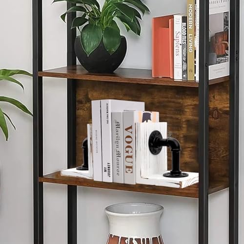 Book Ends,Wood Bookends for Shelves,Industrial Pipe Design Book Ends for Heavy Books,Rustic Style Bookend for Home Office Bookcase Bookshelf Desk Decor, Whitewash - Image 2