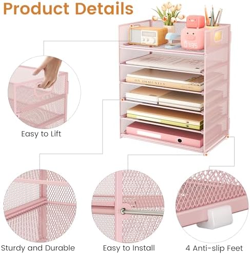 Subekyu 6 Tier Office File Paper Desk Tray Organizer with Handle, Stackable Slide Mesh Letter Tray Folder Pink Desk Organizer, Desktop Document Sorter for Classroom, Office, Home Supplies Storage - Image 5