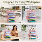 Pink 7 Tier Desk File Organizer, Metal Letter Tray Paper Organizer with Pull-Out Drawer, Removable Pen Holder & Hanging Basket, Vertical Desktop File Holder for Home Office, Classroom - Image 4